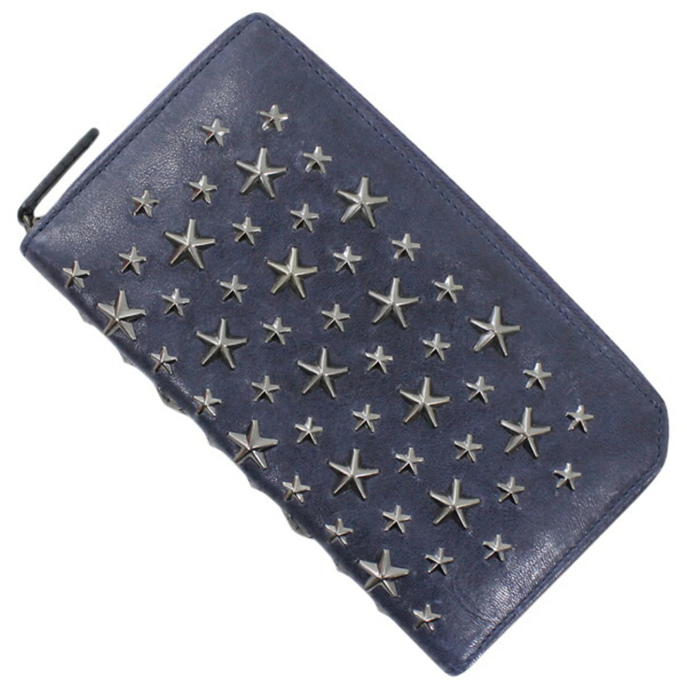 Jimmy Choo Round Long Wallet with Star Studs, Navy Gunmetal Leather, Women's/...